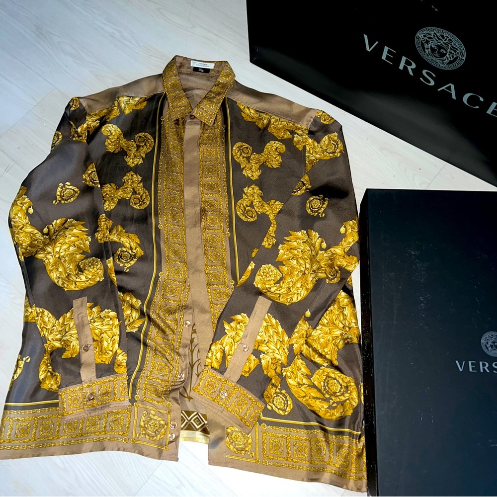 Brown Tan & Gold Silk Versace Button Down Shirt Size XL - 38
